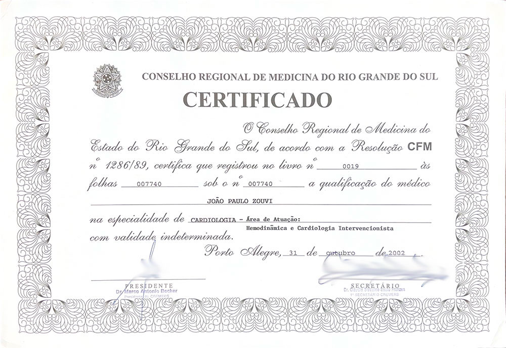 Certificação de Especialidade (CREMERS - Conselho Regional de Medicina/RS)